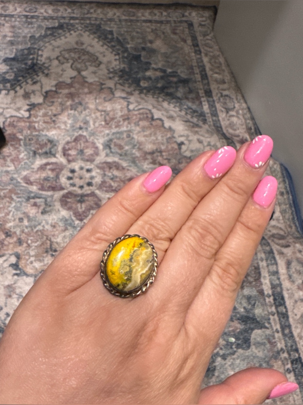 Handcrafted Yellow Bumblebee Jasper Ring in Silver-Tone Setting